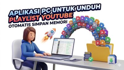 Ilustrasi menggunakan aplikasi PC yang tangguh untuk unduh playlist youtube secara massal dan cepat langsung ke dalam folder laptop.