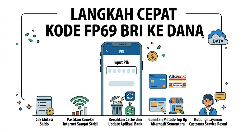langkah-langkah cepat untuk mengatasi error kode fp69 bri ke dana, meliputi cek mutasi, stabilkan internet, dan hapus cache.