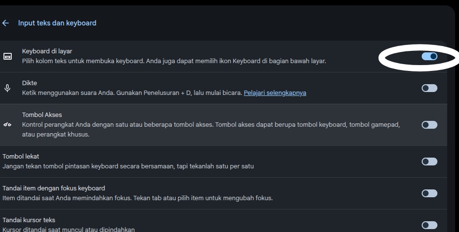 Mengaktifkan fitur keyboard di layar sebagai alternatif sementara saat keyboard Chromebook tidak berfungsi.