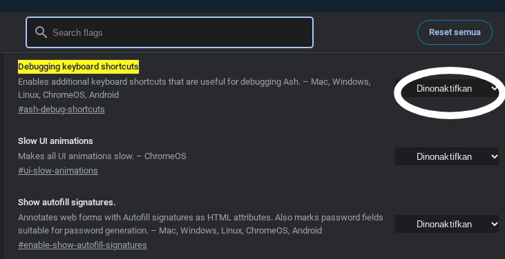Menonaktifkan debugging shortcuts di Chrome Flags sebagai solusi jika keyboard Chromebook tidak berfungsi.
