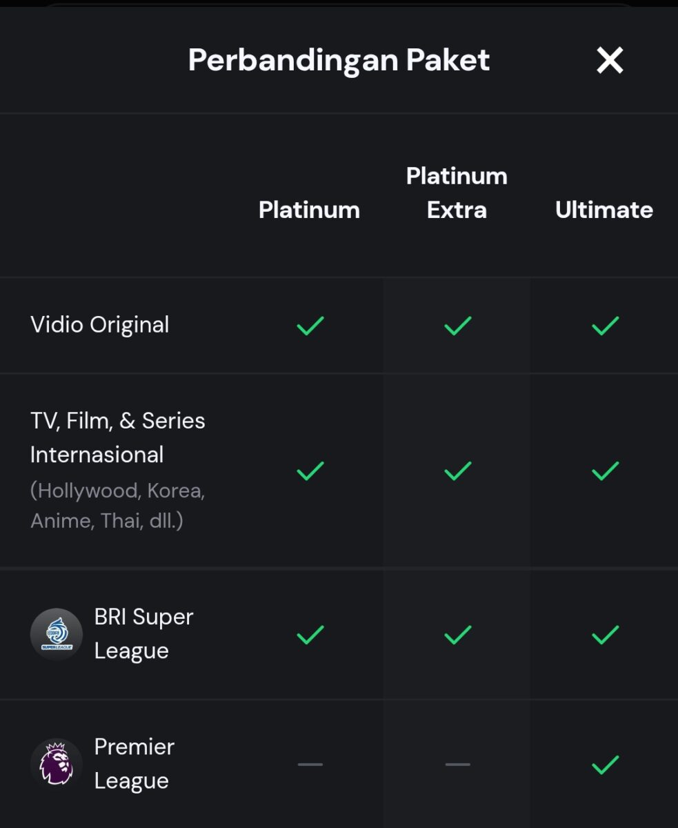 Perbandingan Langganan Vidio Premier League Gratis Ultimate Dengan Platinum dan Platinum Extra
