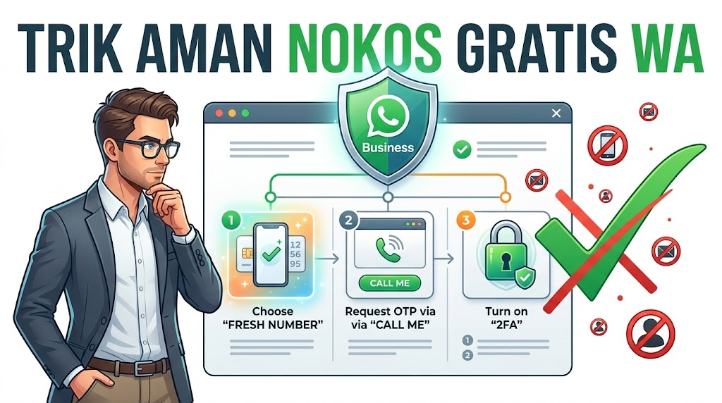 Ilustrasi trik rahasia menggunakan nokos gratis untuk verifikasi WhatsApp Business agar aman dan tidak terkena banned