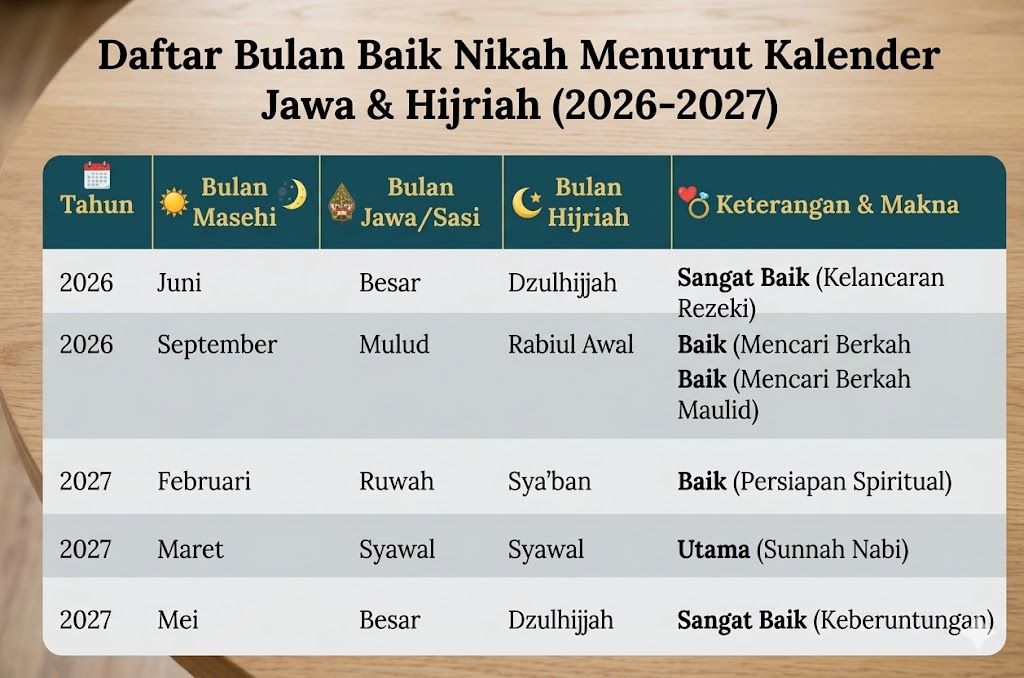 tabel bulan baik menurut islam untuk menikah dan tunangan 2026-2027